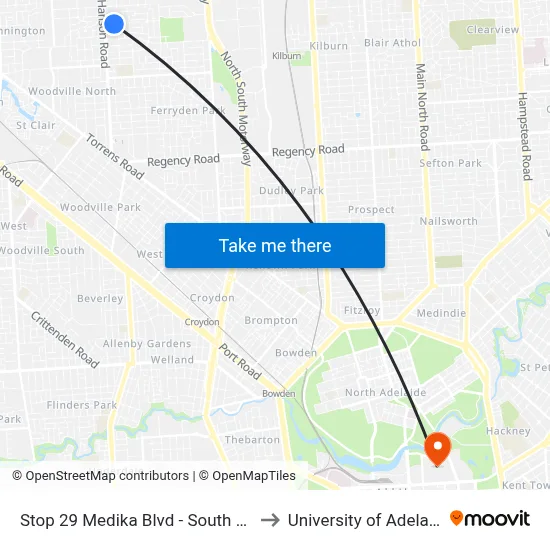 Stop 29 Medika Blvd - South side to University of Adelaide map