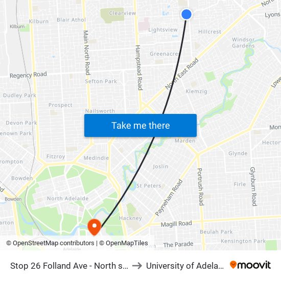 Stop 26 Folland Ave - North side to University of Adelaide map
