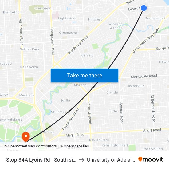 Stop 34A Lyons Rd - South side to University of Adelaide map