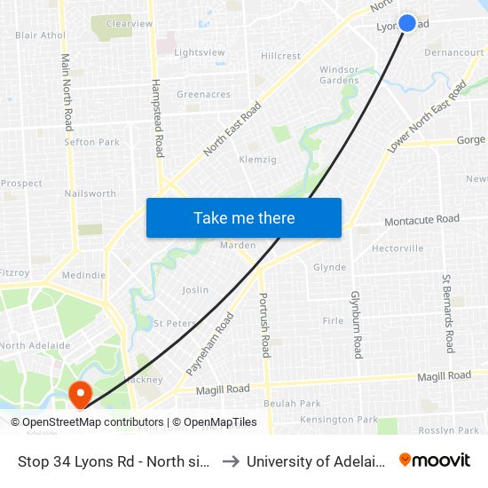 Stop 34 Lyons Rd - North side to University of Adelaide map