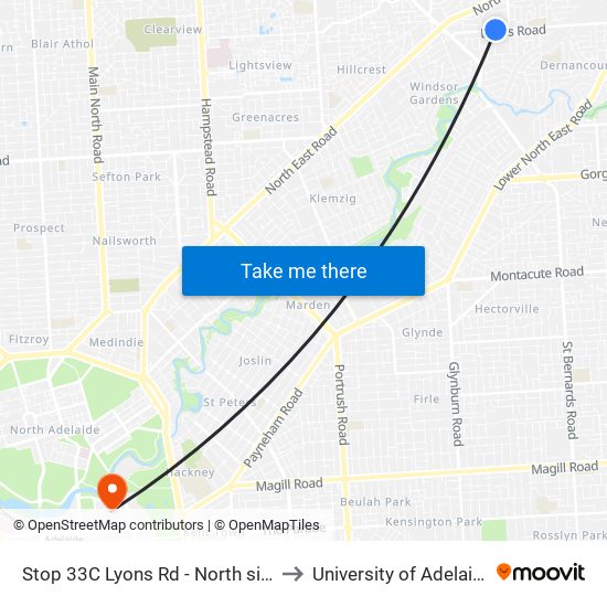 Stop 33C Lyons Rd - North side to University of Adelaide map