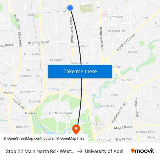 Stop 22 Main North Rd - West side to University of Adelaide map