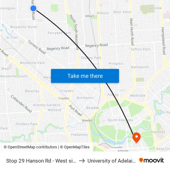 Stop 29 Hanson Rd - West side to University of Adelaide map