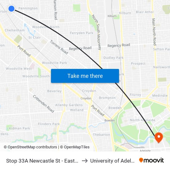 Stop 33A Newcastle St - East side to University of Adelaide map