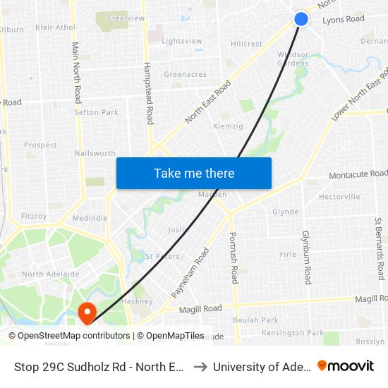 Stop 29C Sudholz Rd - North East side to University of Adelaide map