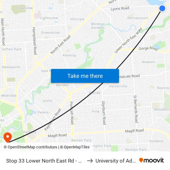 Stop 33 Lower North East Rd - North side to University of Adelaide map