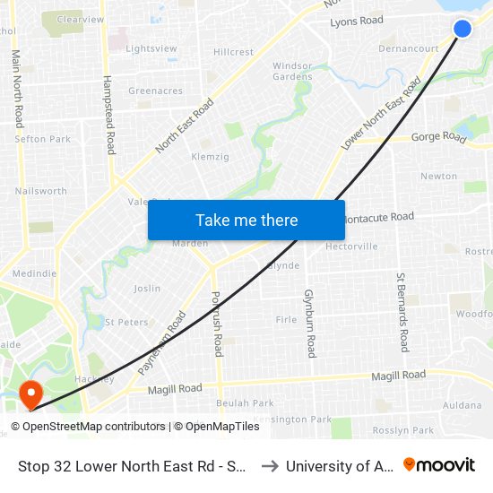 Stop 32 Lower North East Rd - South East side to University of Adelaide map