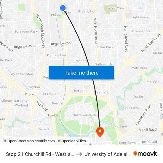 Stop 21 Churchill Rd - West side to University of Adelaide map
