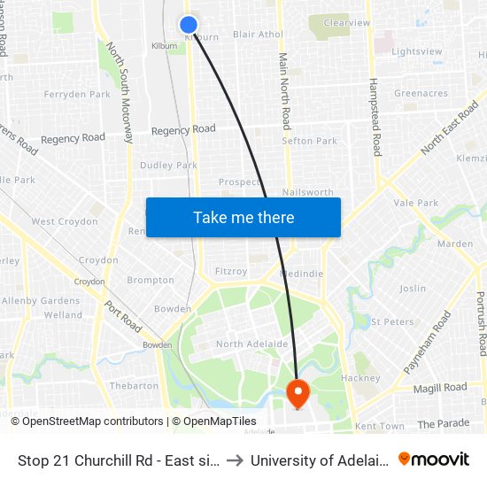 Stop 21 Churchill Rd - East side to University of Adelaide map