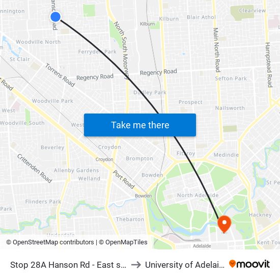 Stop 28A Hanson Rd - East side to University of Adelaide map