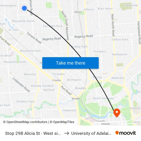 Stop 29B Alicia St - West side to University of Adelaide map