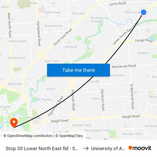 Stop 30 Lower North East Rd - South East side to University of Adelaide map