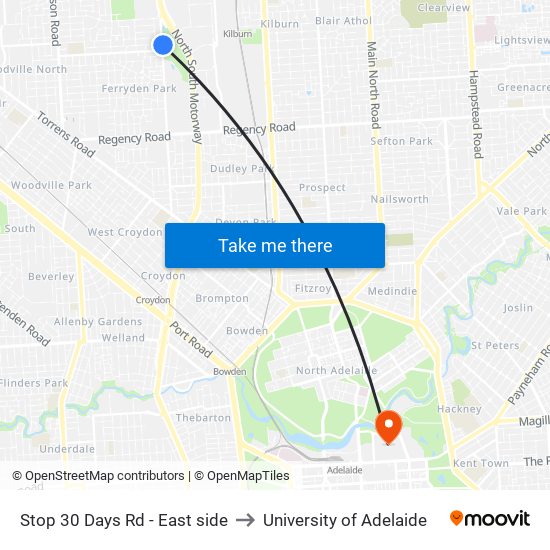 Stop 30 Days Rd - East side to University of Adelaide map