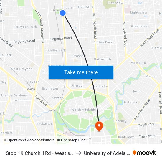 Stop 19 Churchill Rd - West side to University of Adelaide map