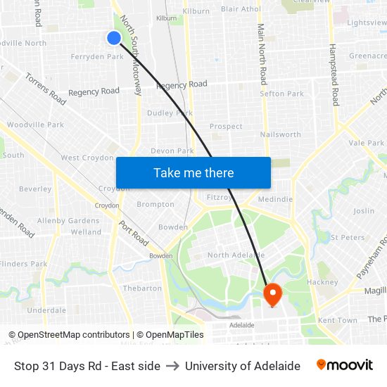 Stop 31 Days Rd - East side to University of Adelaide map