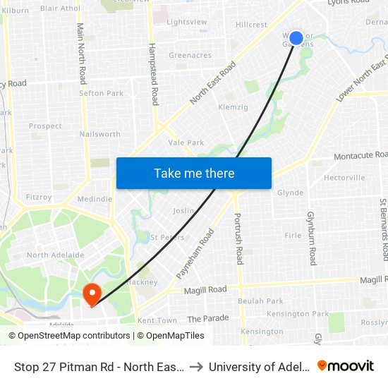 Stop 27 Pitman Rd - North East side to University of Adelaide map