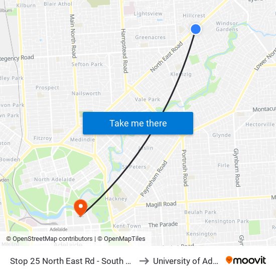 Stop 25 North East Rd - South East side to University of Adelaide map