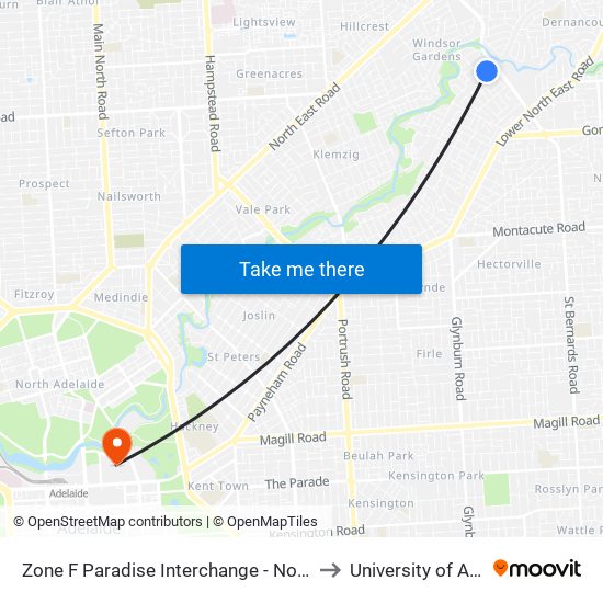 Zone F Paradise Interchange - North West side to University of Adelaide map