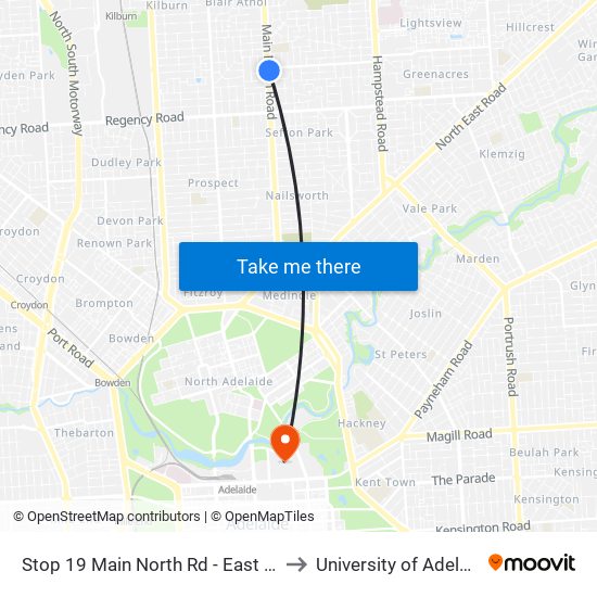 Stop 19 Main North Rd - East side to University of Adelaide map