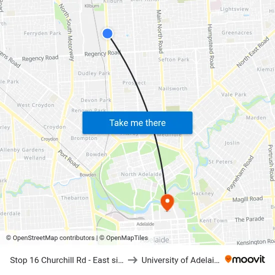 Stop 16 Churchill Rd - East side to University of Adelaide map