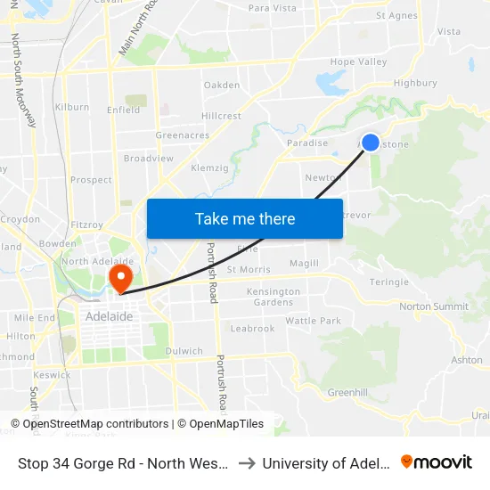 Stop 34 Gorge Rd - North West side to University of Adelaide map