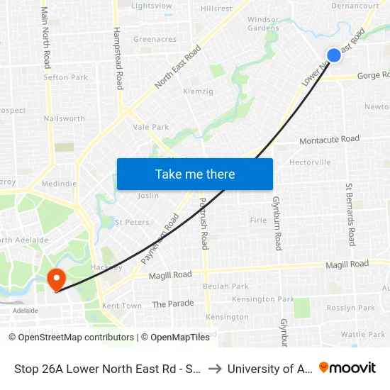 Stop 26A Lower North East Rd - South East side to University of Adelaide map
