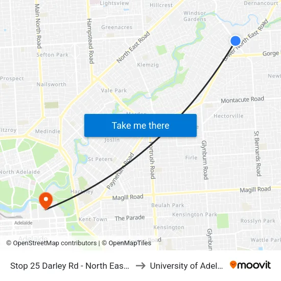 Stop 25 Darley Rd - North East side to University of Adelaide map