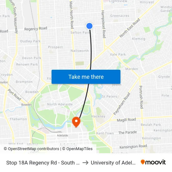 Stop 18A Regency Rd - South side to University of Adelaide map