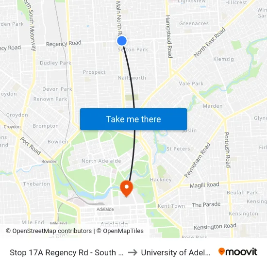 Stop 17A Regency Rd - South side to University of Adelaide map