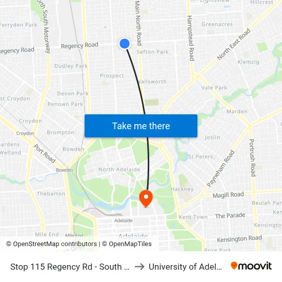 Stop 115 Regency Rd - South side to University of Adelaide map
