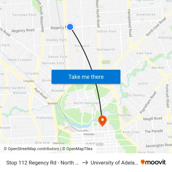 Stop 112 Regency Rd - North side to University of Adelaide map