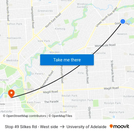 Stop 49 Silkes Rd - West side to University of Adelaide map