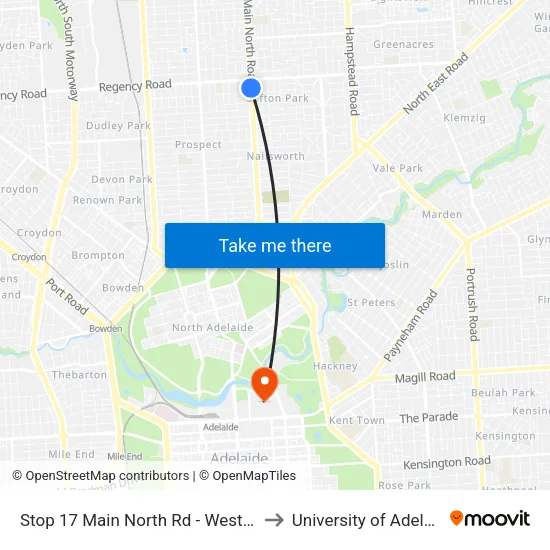 Stop 17 Main North Rd - West side to University of Adelaide map
