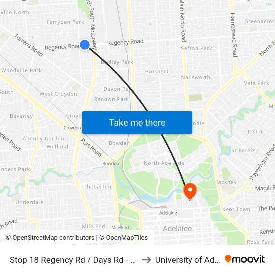 Stop 18 Regency Rd / Days Rd - North side to University of Adelaide map