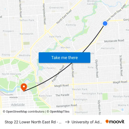 Stop 22 Lower North East Rd - East side to University of Adelaide map