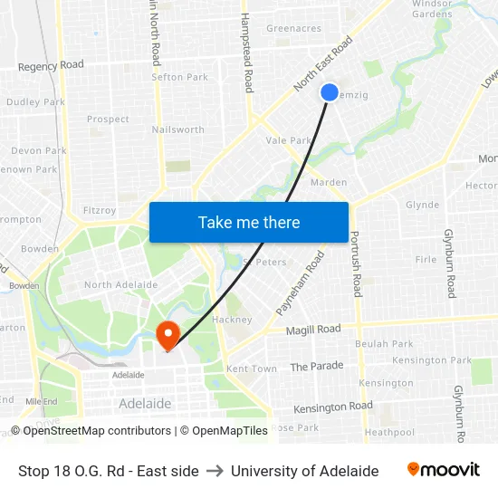 Stop 18 O.G. Rd - East side to University of Adelaide map