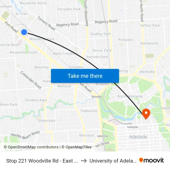 Stop 221 Woodville Rd - East side to University of Adelaide map
