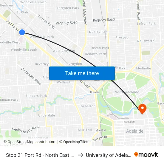 Stop 21 Port Rd - North East side to University of Adelaide map