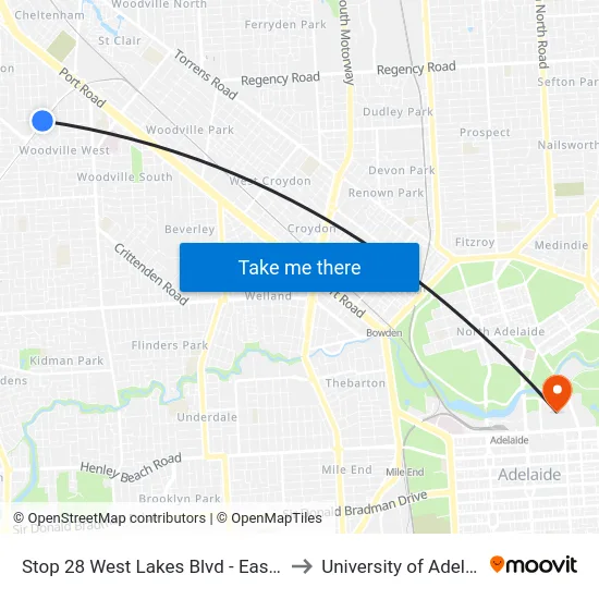 Stop 28 West Lakes Blvd - East side to University of Adelaide map