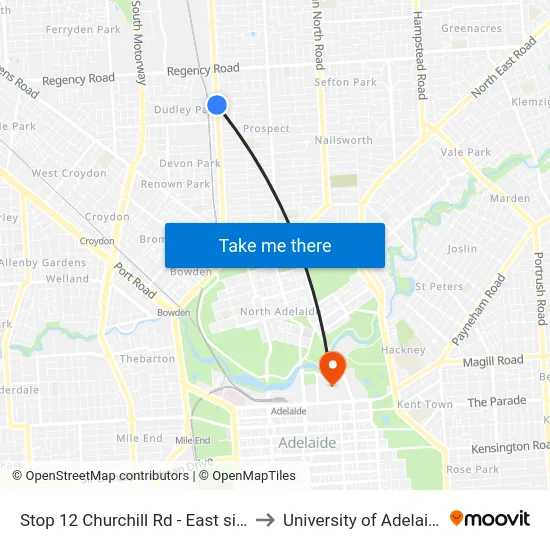 Stop 12 Churchill Rd - East side to University of Adelaide map