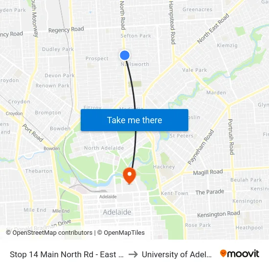 Stop 14 Main North Rd - East side to University of Adelaide map