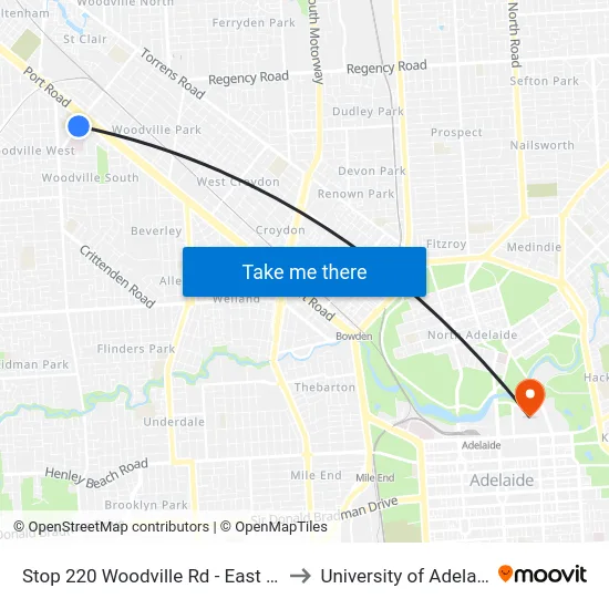 Stop 220 Woodville Rd - East side to University of Adelaide map