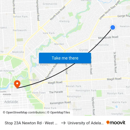 Stop 23A Newton Rd - West side to University of Adelaide map