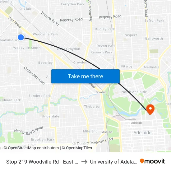 Stop 219 Woodville Rd - East side to University of Adelaide map