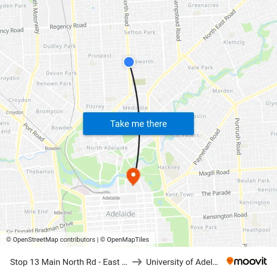 Stop 13 Main North Rd - East side to University of Adelaide map