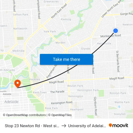 Stop 23 Newton Rd - West side to University of Adelaide map