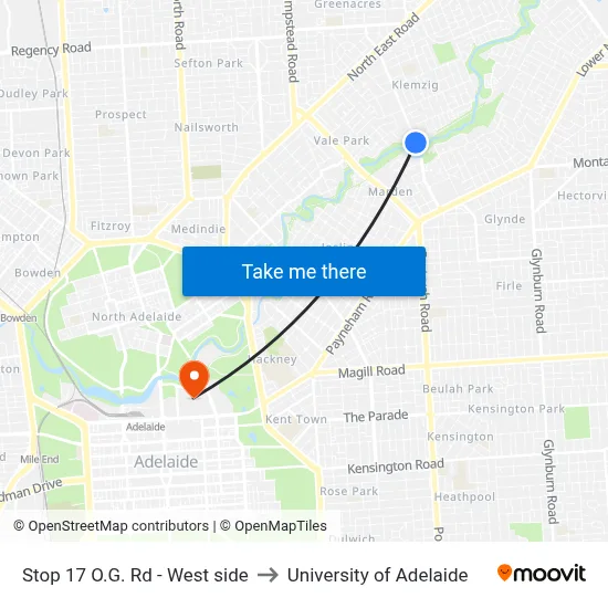 Stop 17 O.G. Rd - West side to University of Adelaide map
