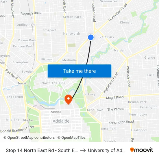 Stop 14 North East Rd - South East side to University of Adelaide map