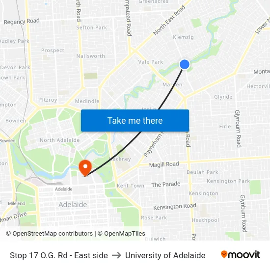Stop 17 O.G. Rd - East side to University of Adelaide map