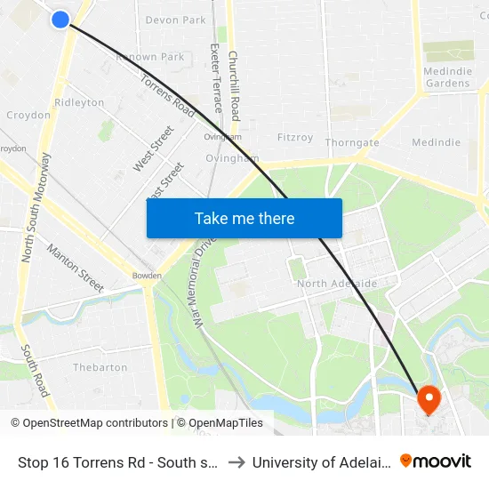 Stop 16 Torrens Rd - South side to University of Adelaide map